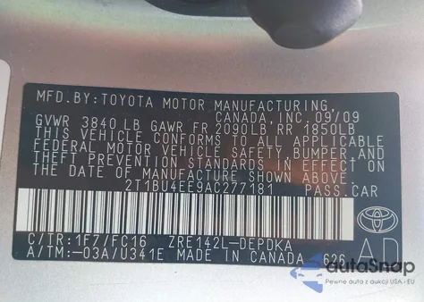 2010 Toyota Corolla Le z USA, uszkodzony, nr VIN 2T1BU4EE9AC277181